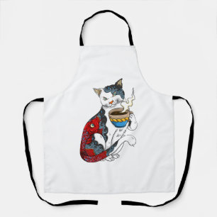Tablier Chat buvant du café avec tatouage de poisson Chat