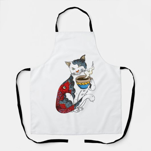 Tablier Chat buvant du café avec tatouage de poisson Chat (Recto)