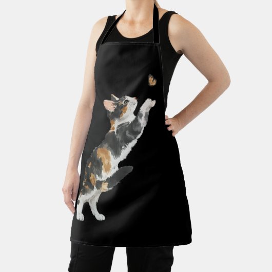 Tablier Chat Calico Adorable & Papillon Aquarelle (Insitu)