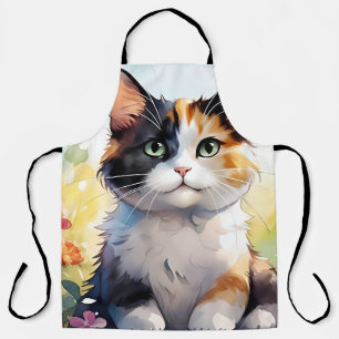 Tablier Chat calico dans un jardin printanier avec papillo