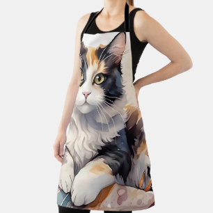 Tablier Chat calicot aquarelle fantaisiste et papillons