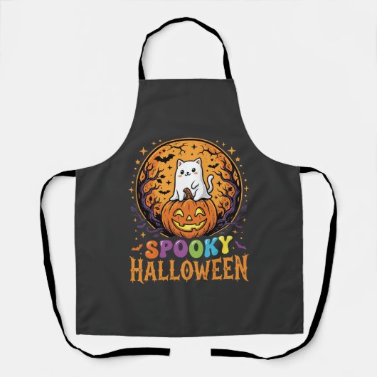 Tablier Chat d'Halloween Citrouille Lune Design Vintage (Recto)