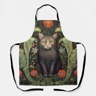 Tablier Chat noir Art nouveau et fleurs rouges