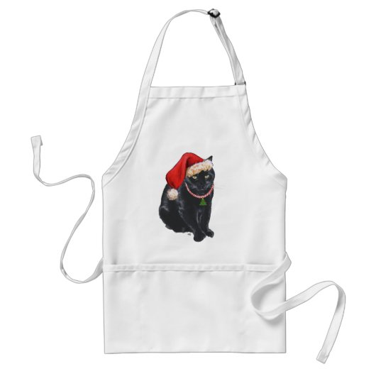 Tablier Chat noir avec chapeau de Père Noël (Devant)