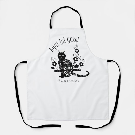 Tablier Chat noir avec fleurs et expression portugaise (Recto)