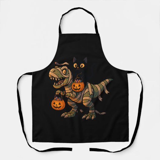 Tablier Chat noir chevauchant un T-Rex momie – Dino Hallow (Recto)