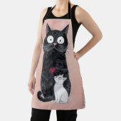 Tablier Chat noir fantaisiste et petit chat blanc avec cœu (Insitu)