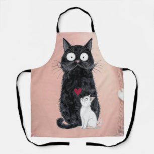 Tablier Chat noir fantaisiste et petit chat blanc avec cœu