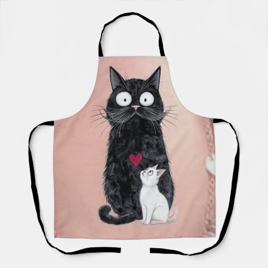 Tablier Chat noir fantaisiste et petit chat blanc avec cœu (Recto)