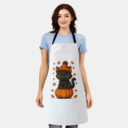 Tablier Chat noir mignon assis sur Citrouille Automne esth (Porté)