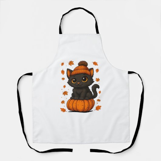 Tablier Chat noir mignon assis sur Citrouille Automne esth (Recto)