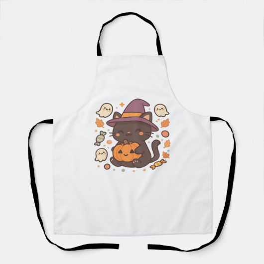 Tablier Chat noir mignon avec Casquette sorcier - Kawaii H (Recto)