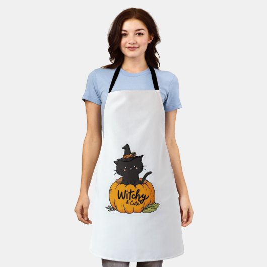 Tablier Chat noir mignon en citrouille avec casquette sorc (Porté)