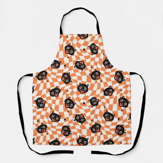 Tablier Chat noir rétro Motif chèque orange (Recto)