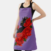Tablier Chat noir Roses rouges pourpres (Insitu)