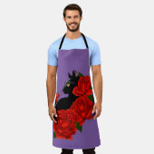 Tablier Chat noir Roses rouges pourpres (Porté)