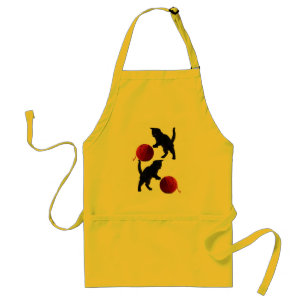 Tablier Chat silhouette noire, avec boule de laine rouge