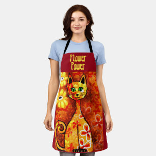 Tablier Chat Whimsical Rétro Kitty Floral Orange Jaune Rou