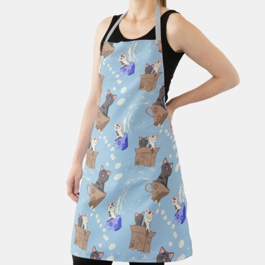 Tablier Chats en boîte et gouttes de lait sur bleu (Insitu)