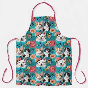 Tablier Chats et Chiens Floral avec Papillons Turquoise ro