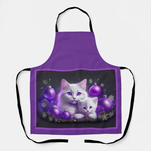 Tablier Chatte blanche et chaton Scène de Noël violet (Recto)
