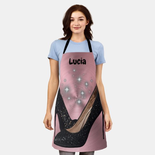 Tablier Chaussure haute Parties scintillant noire sur rose (Porté)