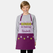 Tablier Chef Kid nom étoiles violet vert (Porté)