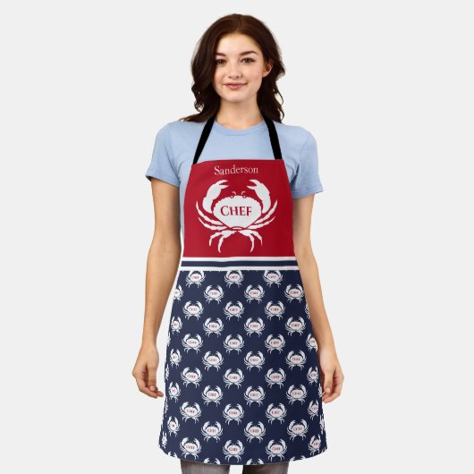 Tablier Chef Monogramme Rouge Blanc Marine Bleu Crabe Naut (Porté)