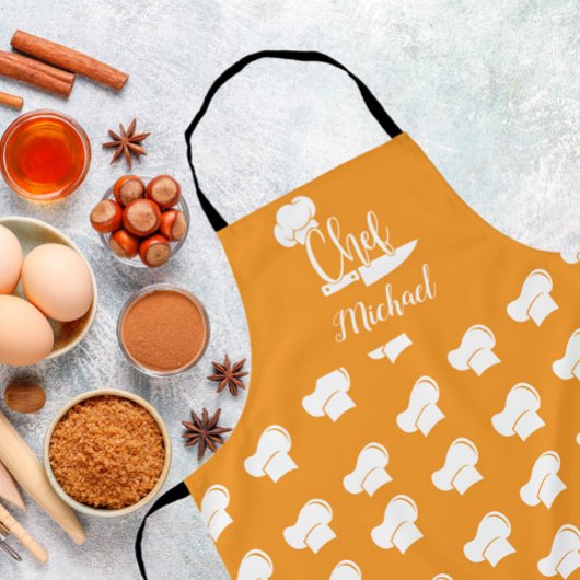 Tablier Chef personnalisé avec nom Orange & Blanc Chef Cas