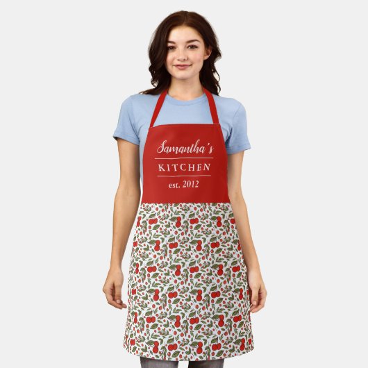 Tablier Cherry Berries Motif Plutôt moderne Nom rouge (Porté)