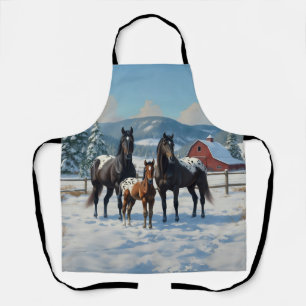 Tablier Chevaux Appaloosa noirs sur une ferme en hiver