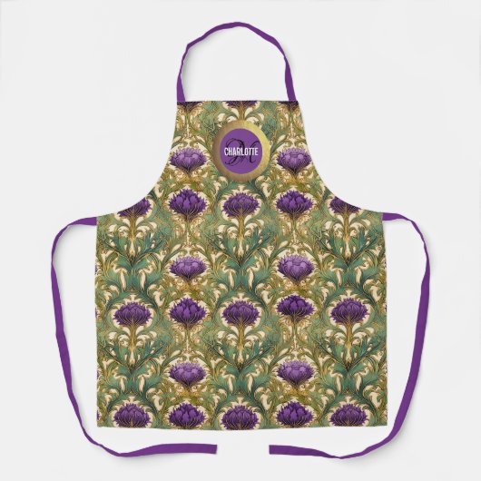 Tablier Chic Art nouveau violet or chardon nom monogramme (Recto)