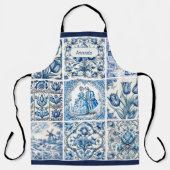 Tablier Chic Bleu cadre blanc toile de jouy monogramme (Recto)