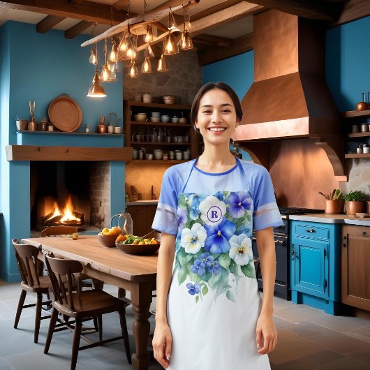 Tablier Chic Blue & Purple Shades Elegant Pansies Floral