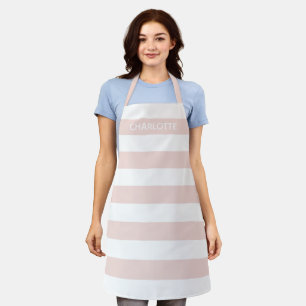 Tablier Chic blush rose blanc rayures nom monogramme perso