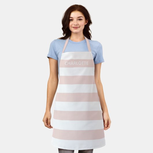 Tablier Chic blush rose blanc rayures nom monogramme perso (Porté)