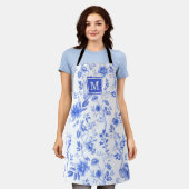 Tablier Chic Delft Bleu Blanc Chinoiserie Fleur Monogramme (Porté)
