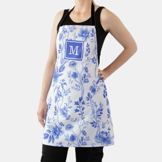Tablier Chic Delft Bleu Blanc Chinoiserie Fleur Monogramme (Insitu)