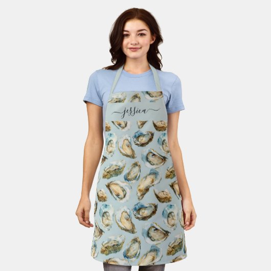 Tablier Chic oysters pattern script name apron (Porté)