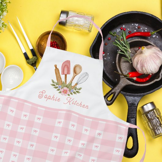 Tablier Chic Pink Kitchen Utensils Bow Elegance Gingham