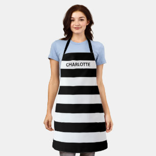 Tablier Chic rayures noir et blanc nom personnalisé monogr