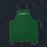 Tablier Chic Sage Green Botanical Elegant Nom du script<br><div class="desc">Elle adorera un tablier personnalisé lorsqu'elle créera,  fera cuire,  cuisinera ou travaillera avec son succulent et d'autres plantes. Un cadeau parfait pour encourager ses talents. Écriture blanche pour le nom avec des embellissements à queue longue sur un tablier vert sage. Simple,  chic et moderne.</div>