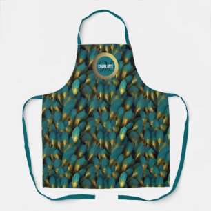 Tablier Chic turquoise or plumes nom monogramme