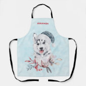 Tablier Chien de Noël Husky dans un chapeau de Père Noël (Recto)