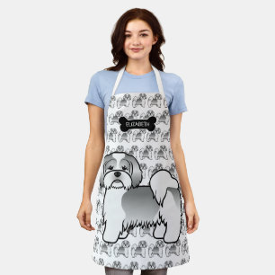 Tablier Chien et nom caricature Lhasa Apso en argent et bl