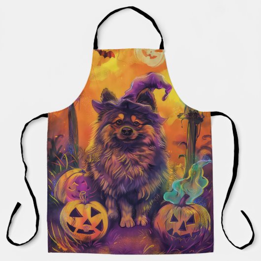 Tablier Chien Keeshond Spooky Halloween Sorcière et Citrou (Recto)