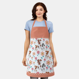 Tablier Chien mère et bébé, fleurs motif et frontière