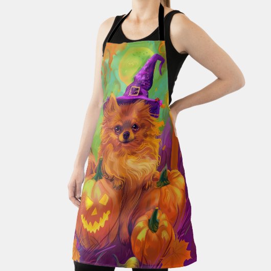 Tablier Chien Poméranien éffrayant Halloween sorcière et C (Insitu)