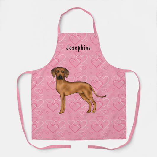 Tablier Chien Rhodesian Ridgeback Sur Coeurs Rose Avec Nom (Recto)
