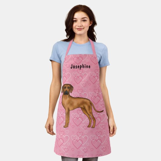 Tablier Chien Rhodesian Ridgeback Sur Coeurs Rose Avec Nom (Porté)